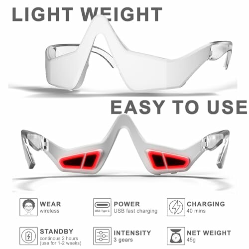 Futuristic smart glasses with wireless wear, USB fast charging, 40 mins charging, 2 hours standby, 3 intensity gears, 45g weight.