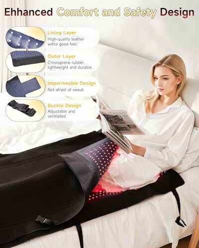 Woman using a heated blanket with comfort and safety features described.