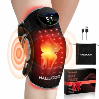 Heated knee brace with digital display and accessories.