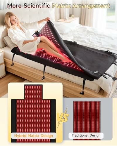 Woman using an infrared therapy blanket with matrix design.