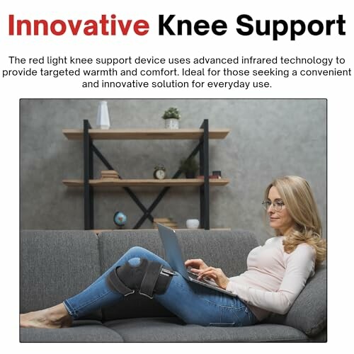 Woman using innovative knee support device while sitting on a couch.