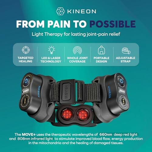 Kineon light therapy device for joint pain relief with targeted healing and adjustable strap.