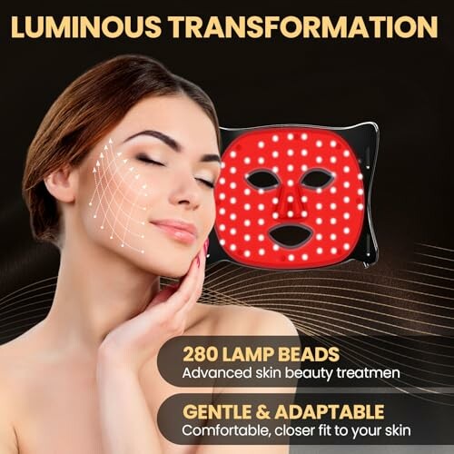 Woman using a red LED face mask for skin treatment.