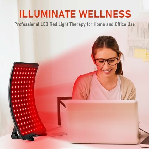 Woman using LED red light therapy device at home.