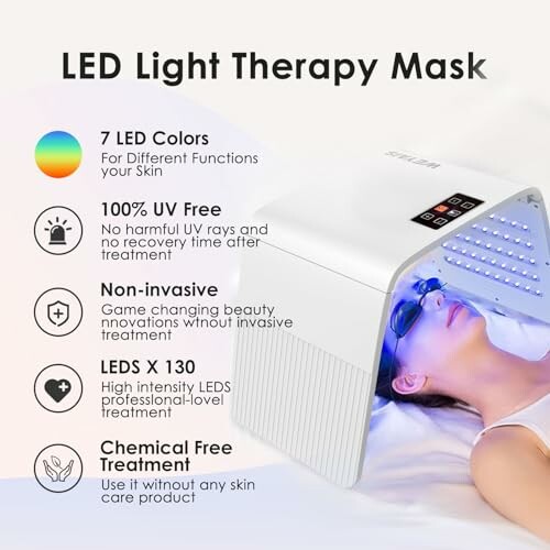 LED light therapy mask with features and benefits listed.