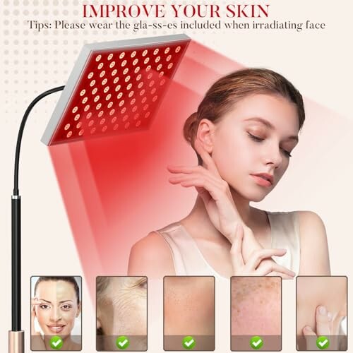Woman using LED light therapy panel for skin improvement with before and after images.