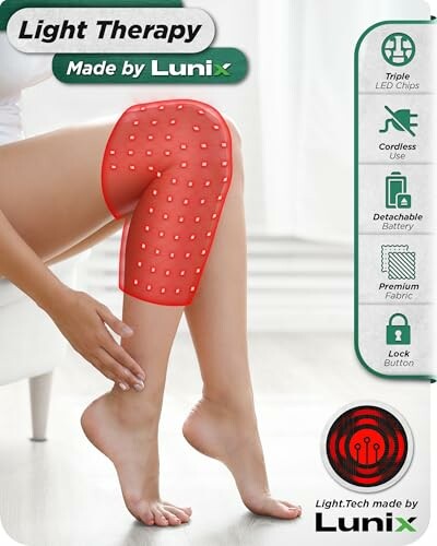 Light therapy pad on leg with features listed.