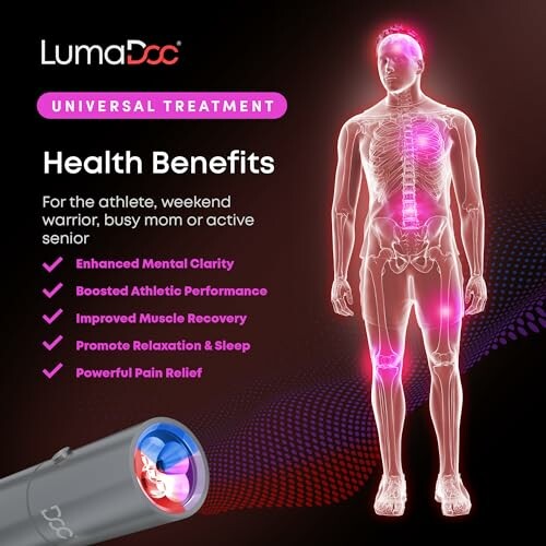 LumaDoc universal treatment benefits with human anatomy illustration.