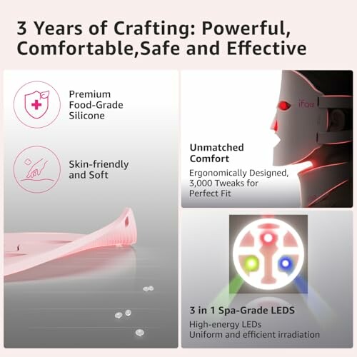 Neck massager features: food-grade silicone, unmatched comfort, spa-grade LEDs.