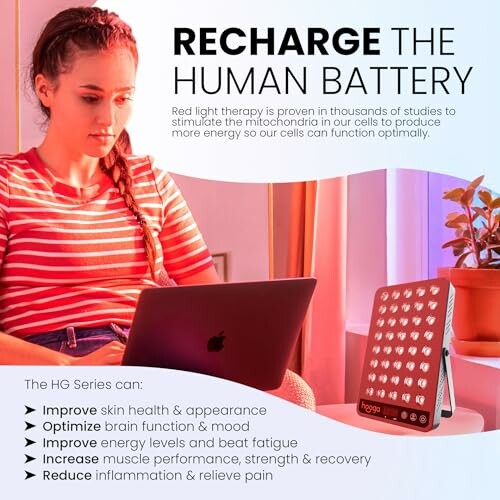 Woman using red light therapy device for health benefits.