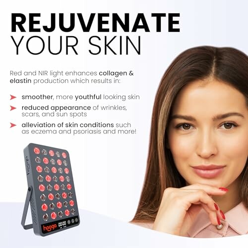 Woman with red light therapy device for skin rejuvenation benefits.