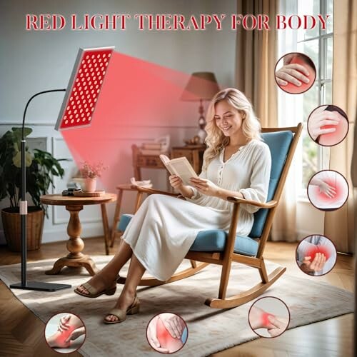 Woman using red light therapy device while reading in a cozy room.