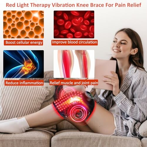 Woman using red light therapy knee brace for pain relief.
