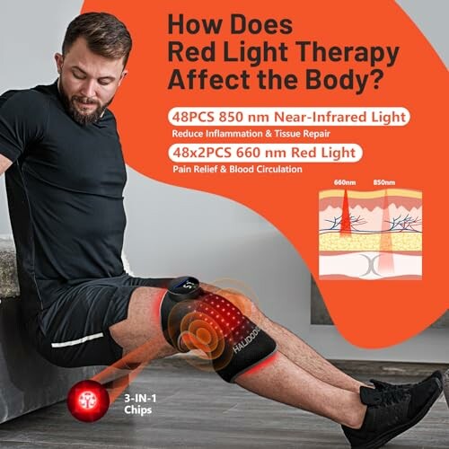 Man using red light therapy device on knee for pain relief.