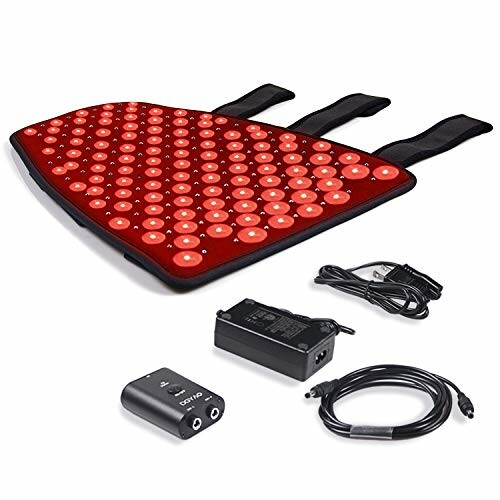 Red light therapy pad with accessories including cables and adapter.