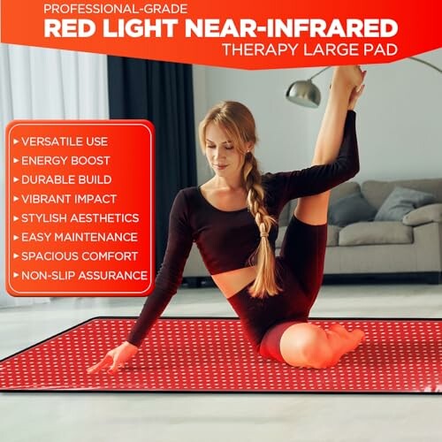 Woman using a red light near-infrared therapy pad on a mat.