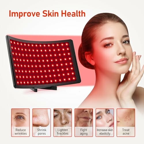 Red light therapy device for skin health benefits including wrinkle reduction, pore shrinking, and acne treatment.